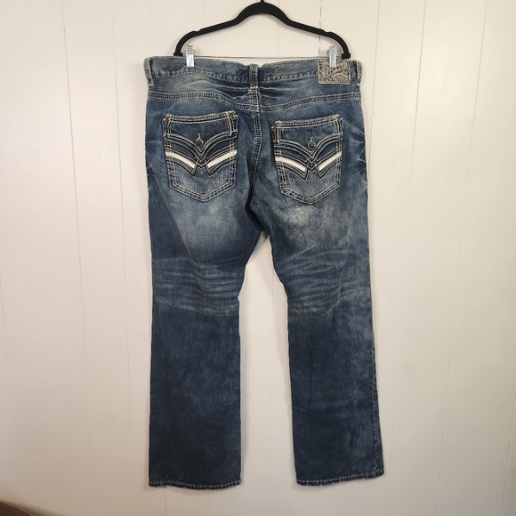 Men's Affliction Jeans Cooper Relaxed Bootcut Size 40x34 Dark Distressed Y2K - Picture 1 of 12